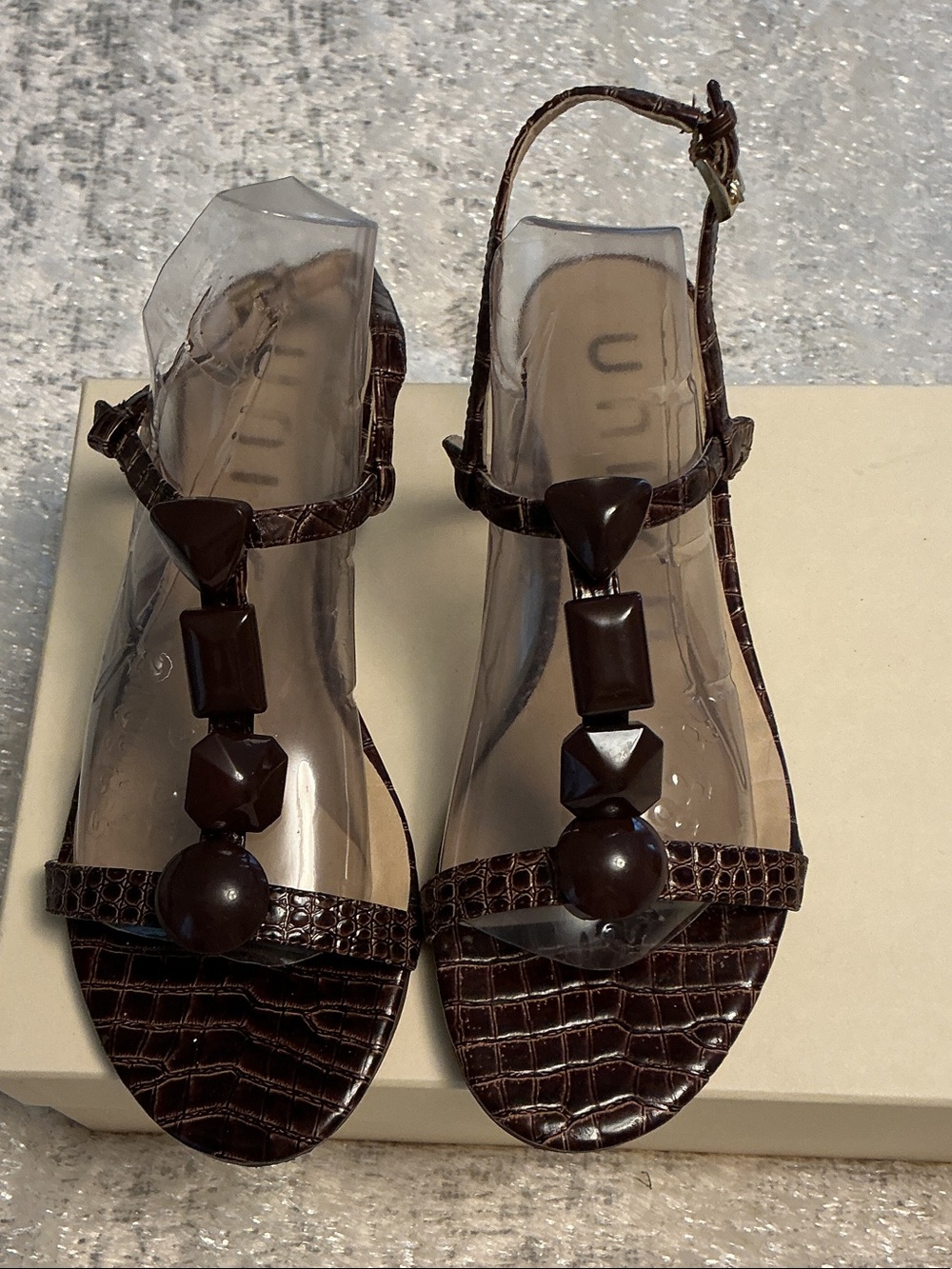 Unisa Brown Beaded T-Strap Sandals